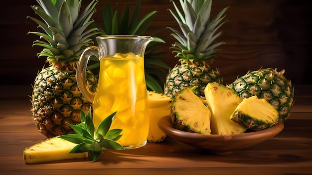 A pitcher of pineapple juice and a glass of pineapple juice