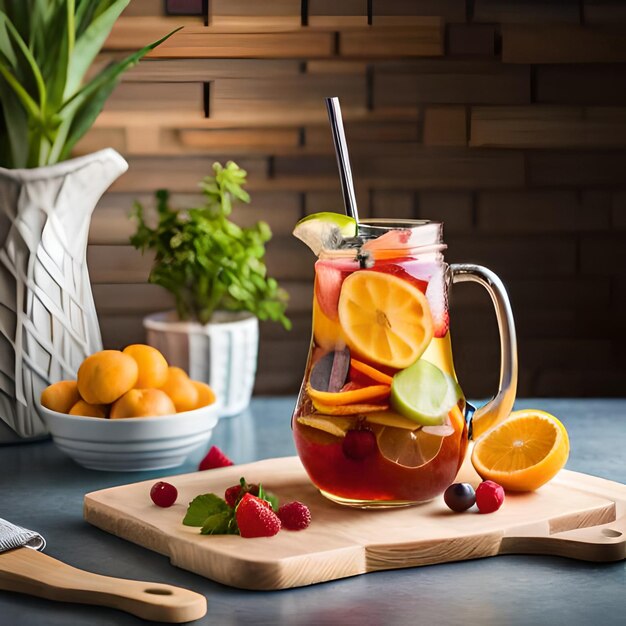 A pitcher of sangria with a straw in it and a bowl of fruit in the background.