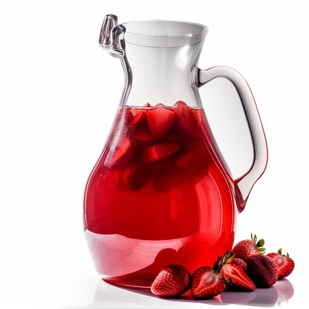 A pitcher of strawberry juice with a white handle and a white background.