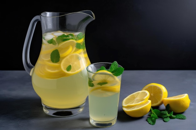 Pitcher of tangy and sweet lemonade with slices of fresh lemon and mint created with generative ai