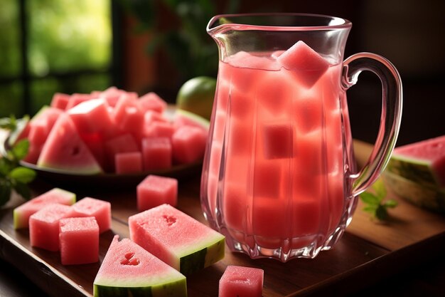 A pitcher of watermelon agua fresca with watermelon cubes and lime wedges