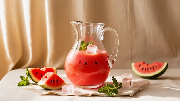 a pitcher of watermelon juice with a face on it