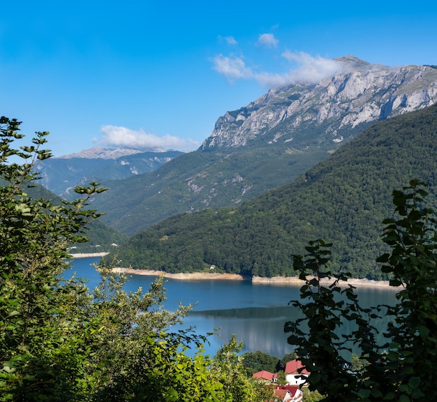 Piva Lake Pivsko Jezero and Pluzine town view in Montenegro