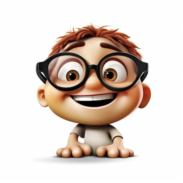 Pixar cartoon cute friendly healthy little boy eyeglasses white background