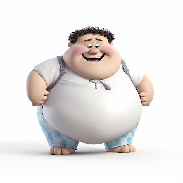 Pixar cartoon cute friendly healthy little fat man on white background