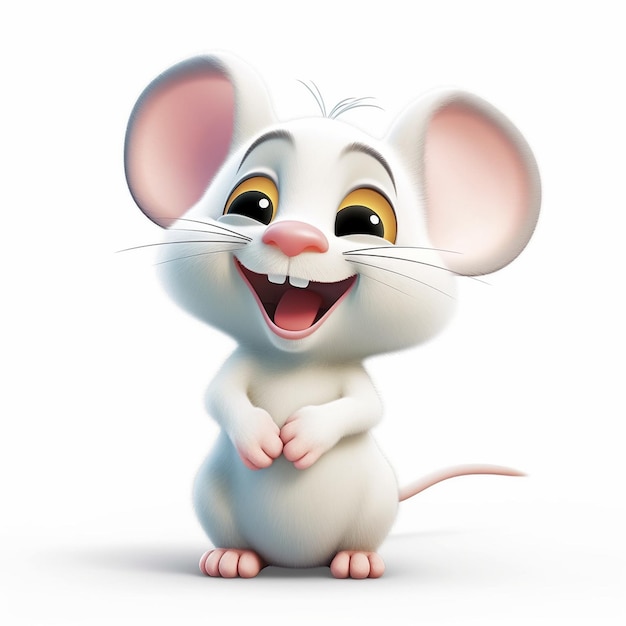 Pixar cartoon cute friendly healthy little mouse smiling white background