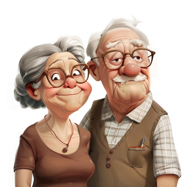 A Pixar style portrait of a happy grandfather and grandmother