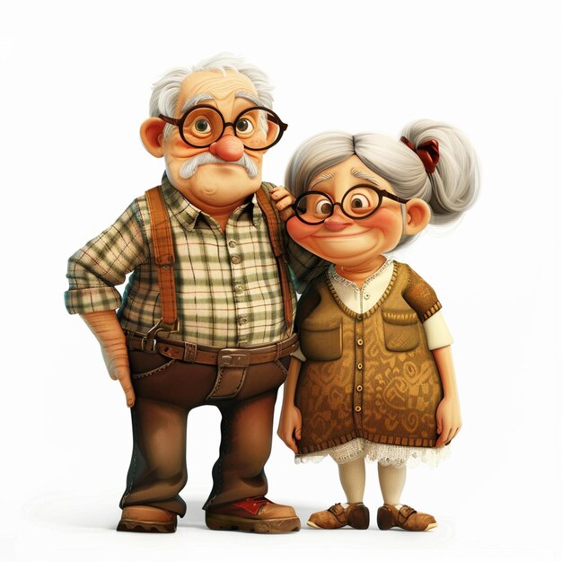 Photo a pixar style portrait of a happy grandfather and grandmother