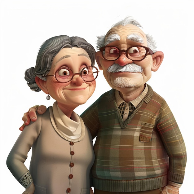 Photo a pixar style portrait of a happy grandfather and grandmother