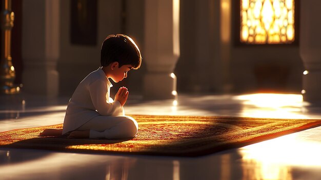 Photo a pixarstyle image of a young boy performing muslim prayers on a prayer rug in a serene indoor sett