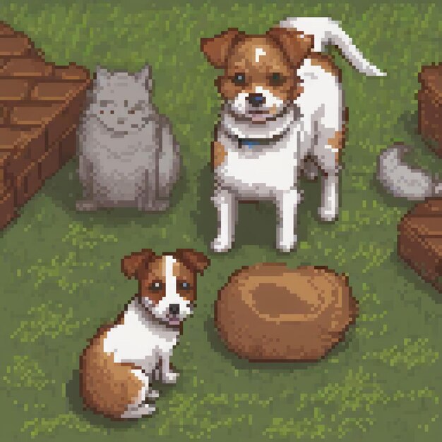 Photo pixel art of adorable pets enjoying a sunny day in the grass