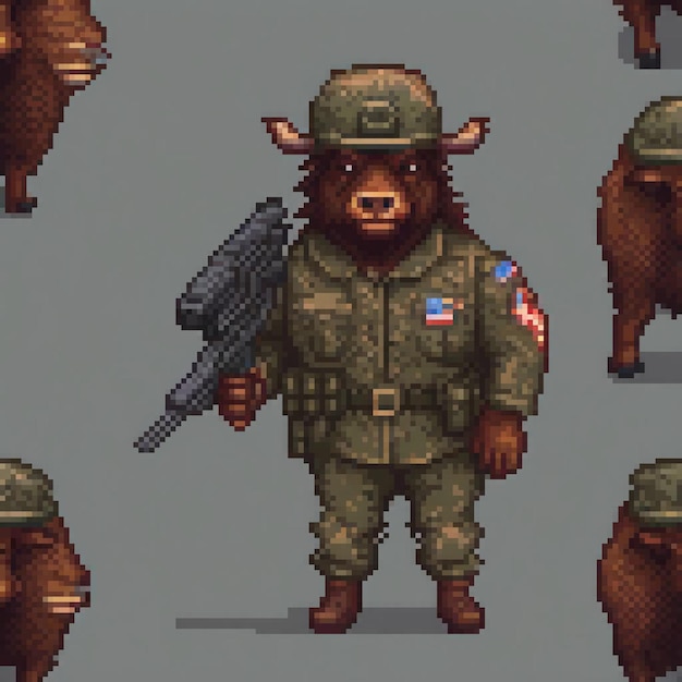 Pixel art bear in military gear rifle in hand