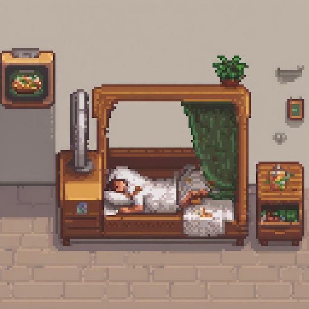 Photo pixel art bedroom with cozy bed and modern tv