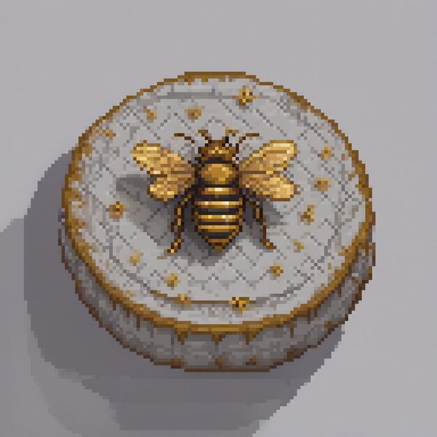 Photo pixel art of a bee perched on a wooden surface