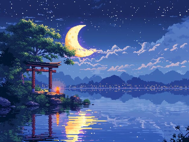 Pixel art of a big crescent moon on the night sky