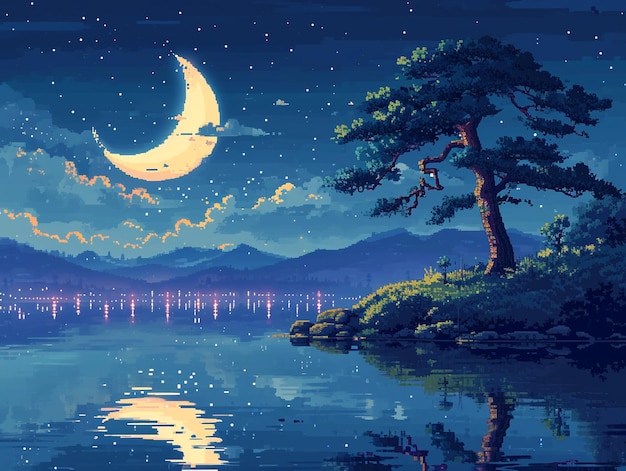 Pixel art of a big crescent moon on the night sky