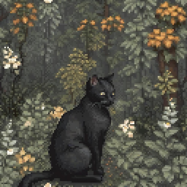 Photo pixel art of a black cat perched on a tree stump whimsical and charming