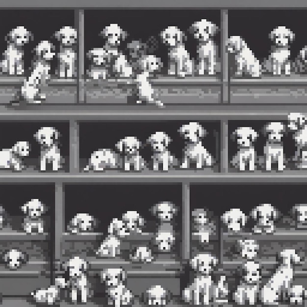 Photo pixel art of black white dogs on a shelf