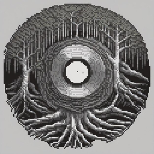 Photo pixel art black white tree in a circular frame