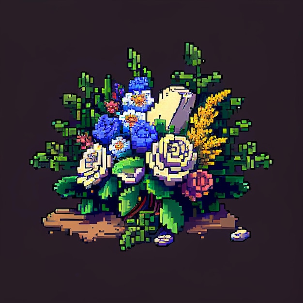 Pixel art of a bouquet of flowers with a note and a pen generative ai