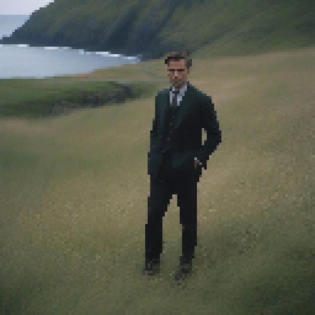 Photo pixel art of a businessman in a suit on a lush green field