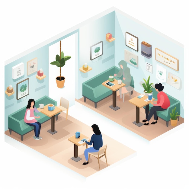 Pixel Art Cafa Cozy Pastel Interiors with Animated Customers Enjoying Coffee