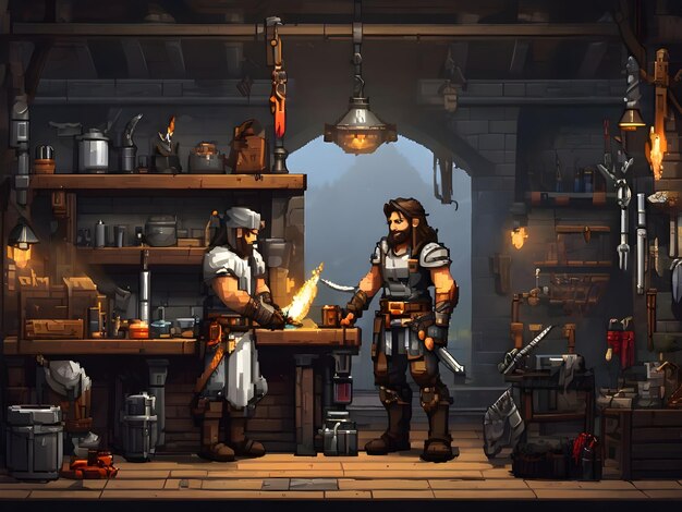 Photo pixel art character crafting sword and armor in blacksmiths shop