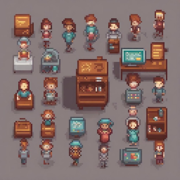 Photo pixel art characters in a cozy room setting