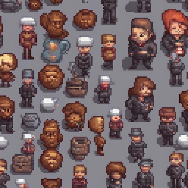 Pixel art characters on a gray backdrop