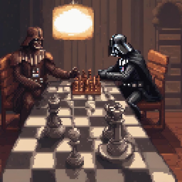 Photo pixel art chess match darth vader and chewbacca face off in a classic game