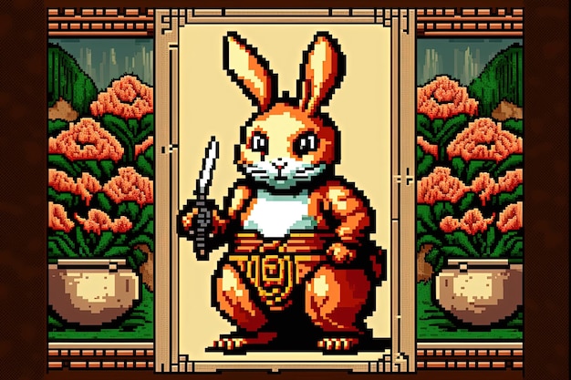 Pixel art chinese new year card with rabbit background in retro and 8bit style AI