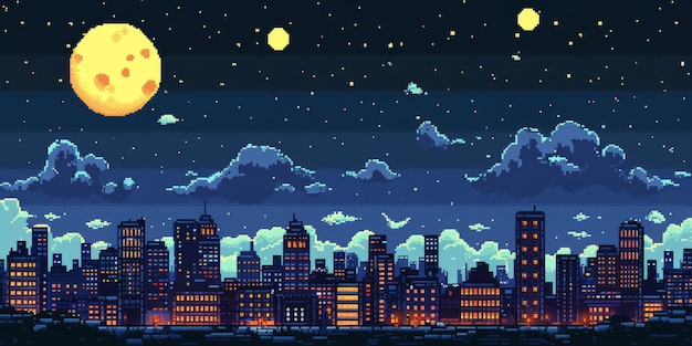 Pixel Art City at Night with Glowing Windows and Full Moon Retro 8bit Nighttime Urban Illustration