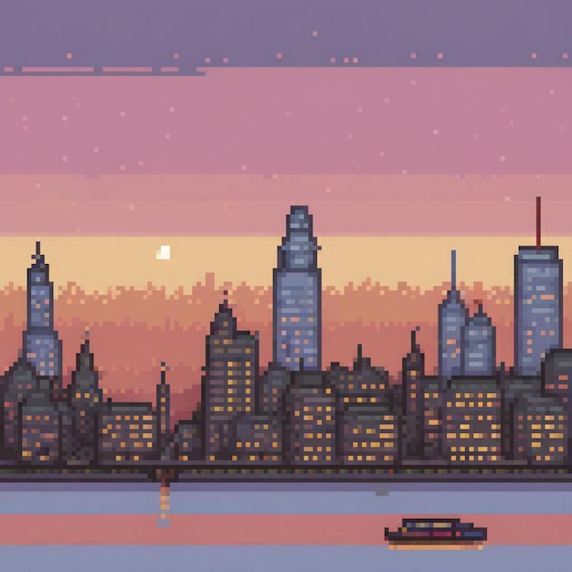 Photo pixel art cityscape at sunset with a boat perfect for retro lovers