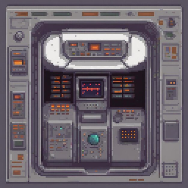 Pixel art of a classic computer interface with functional buttons