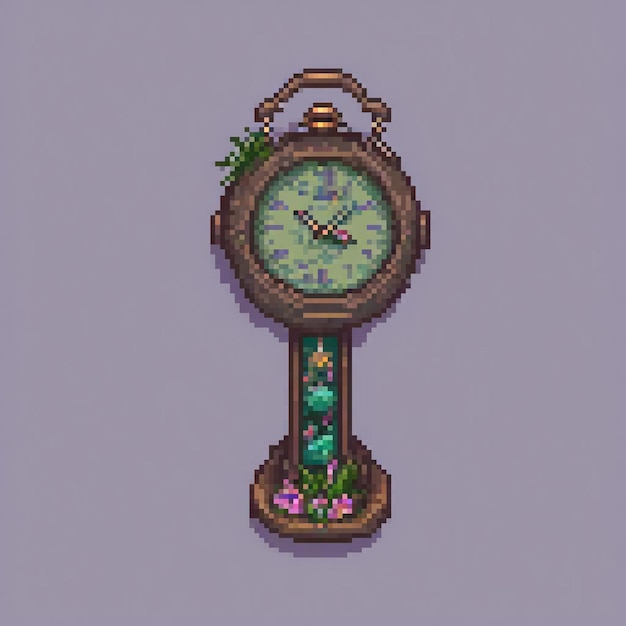 Pixel art clock with blooming flowers elegantly perched on a table