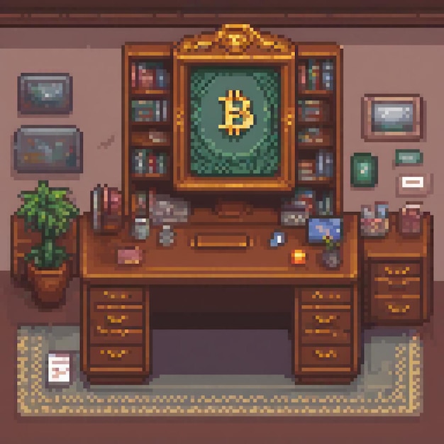 Pixel art of a computer desk with a Bitcoin screen display