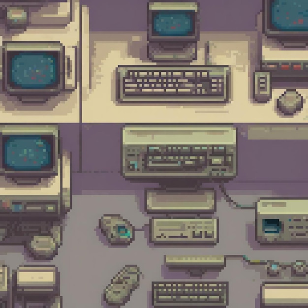 Pixel art of computers on a table showcasing a modern tech setup