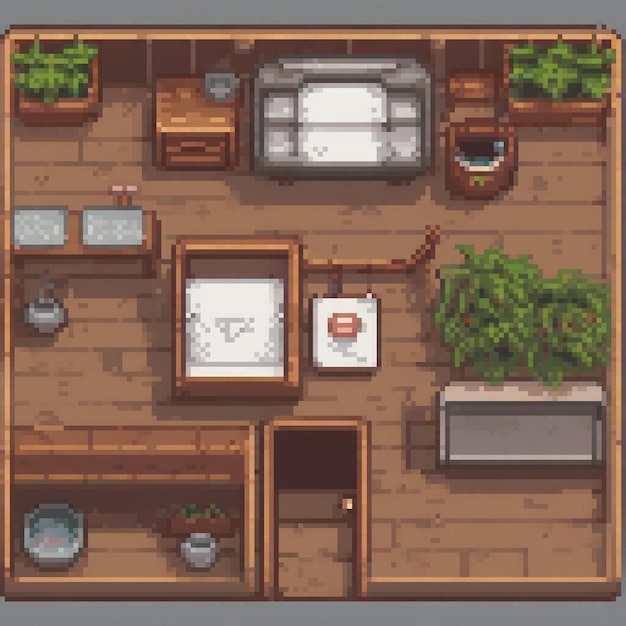 Pixel art of a cozy bathroom with a sink toilet and essential items