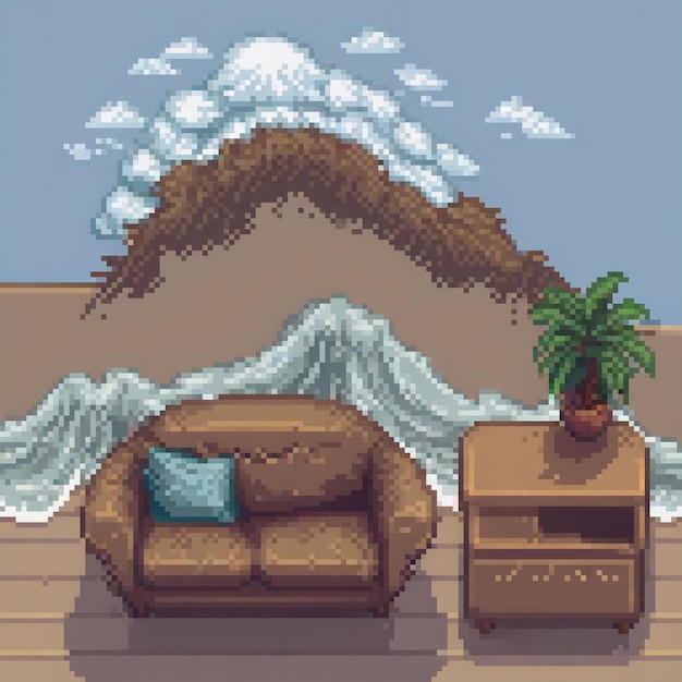 Photo pixel art of a cozy couch on a wooden floor next to a table