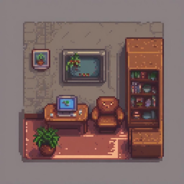 Pixel art of a cozy living room with a couch chair TV and bookshelf