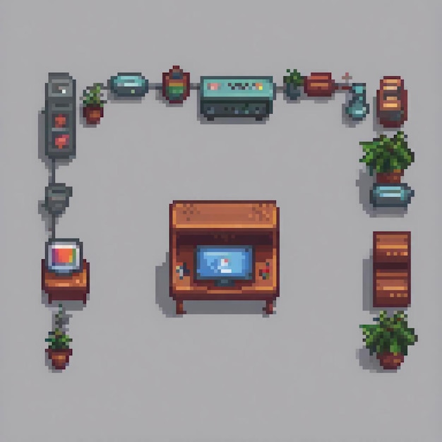 Pixel art of a cozy room with a computer and various items