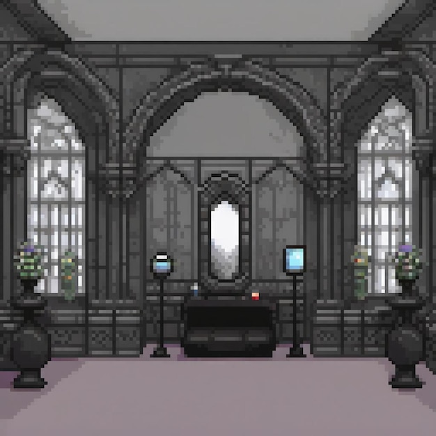 Photo pixel art of a cozy room with a large window