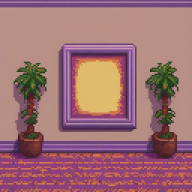 Photo pixel art of a cozy room with two potted plants and a charming picture frame