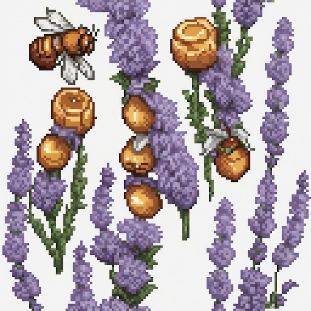 Pixel art cross stitch bees and lavender flowers pattern