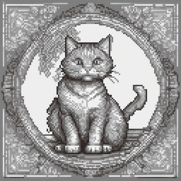 Photo pixel art cross stitch cat design in a frame