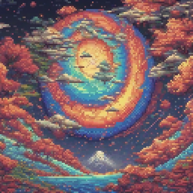 Pixel art cross stitch circle with mountain backdrop