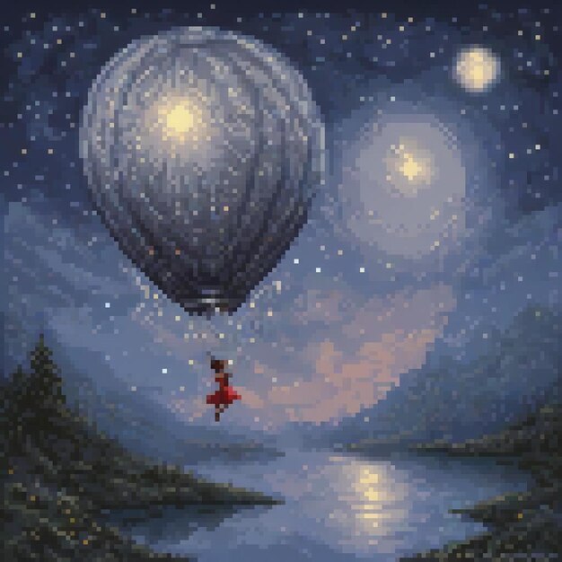 Pixel art cross stitch hot air balloon over serene lake