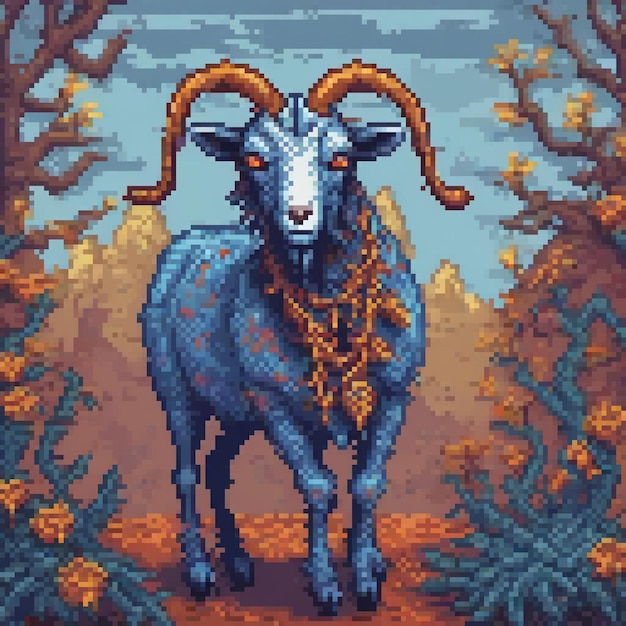 Pixel art cross stitch pattern featuring a majestic ram amidst a serene woodland setting