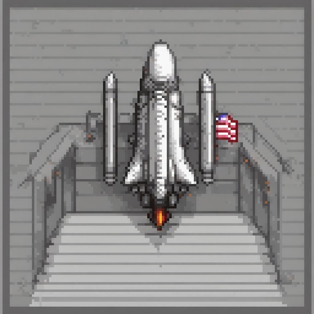 Photo pixel art depicting an american space shuttle ascending a stairway symbolizing a blend of space exp