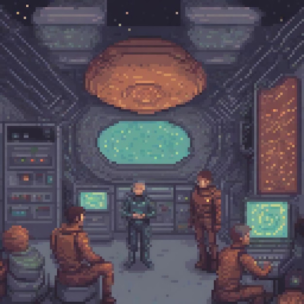 Pixel art depicting astronauts aboard a futuristic space station